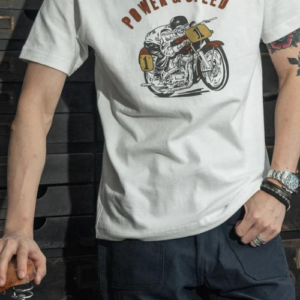 White T-shirt with black collar and motorcycle print from hudsonn.online